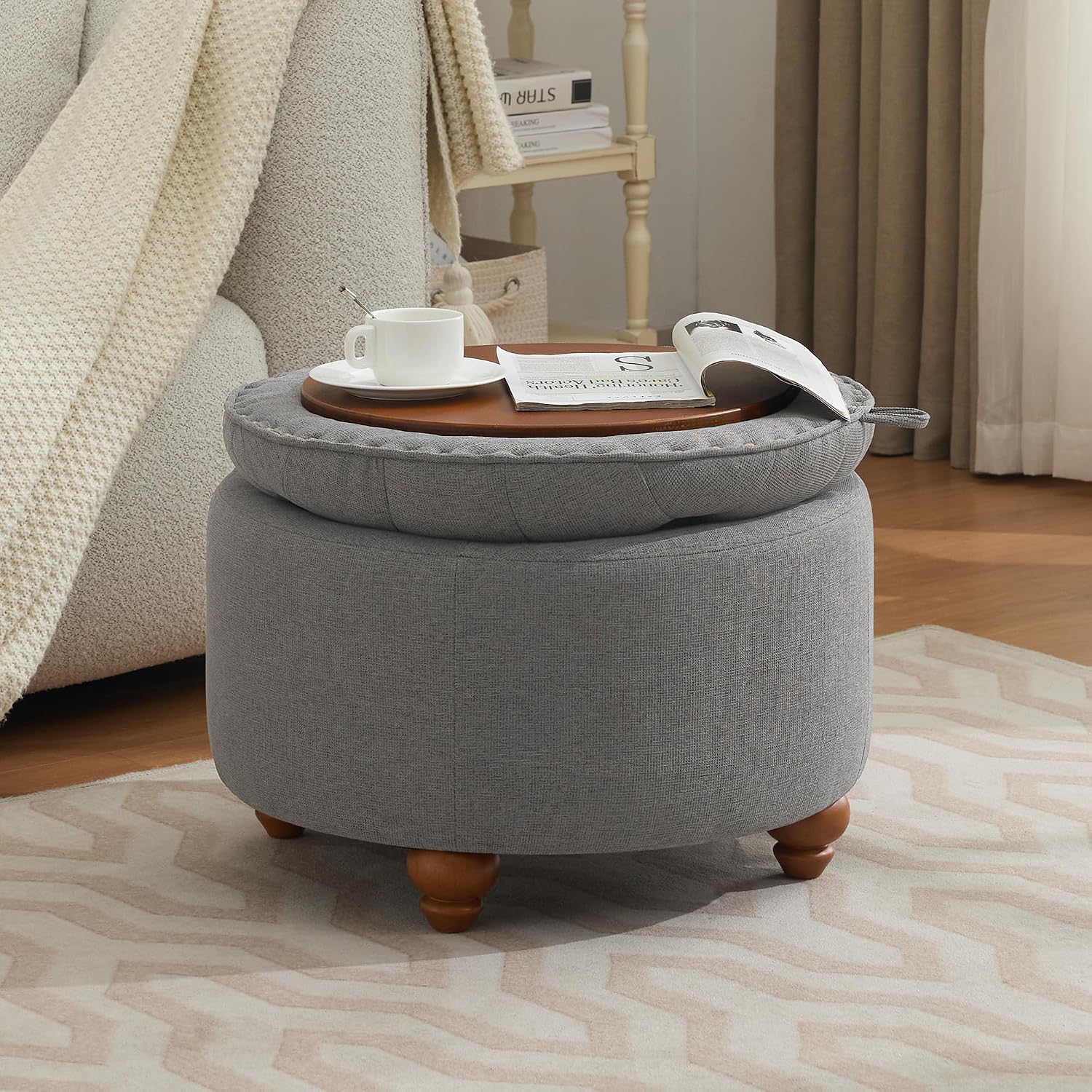 WUTUTUEE 24Inch Round Storage Ottoman with Tray, Modern Tufted Fabric Circle Coffee Table with Storage, Upholstered Ottoman with Removable Top for Living Room, Bedroom, Light Grey