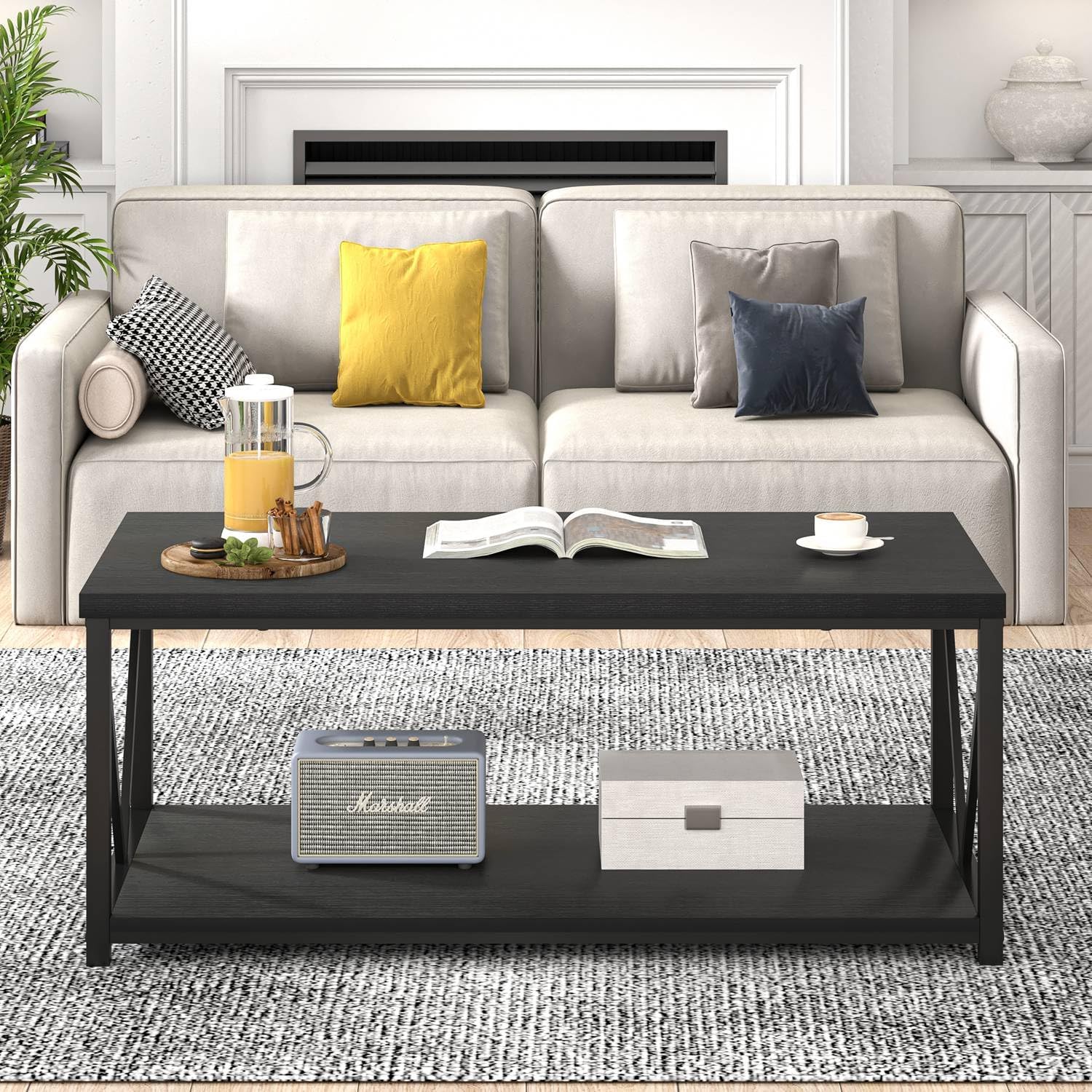 EXCEFUR Small Coffee Table, Modern Living Room Tables with Storage Shelf, Rustic Wood Rectangle Center Table, 2 Tier Wooden Low Cocktail Tea Table for Small Spaces, 39.3 Inch Black Oak