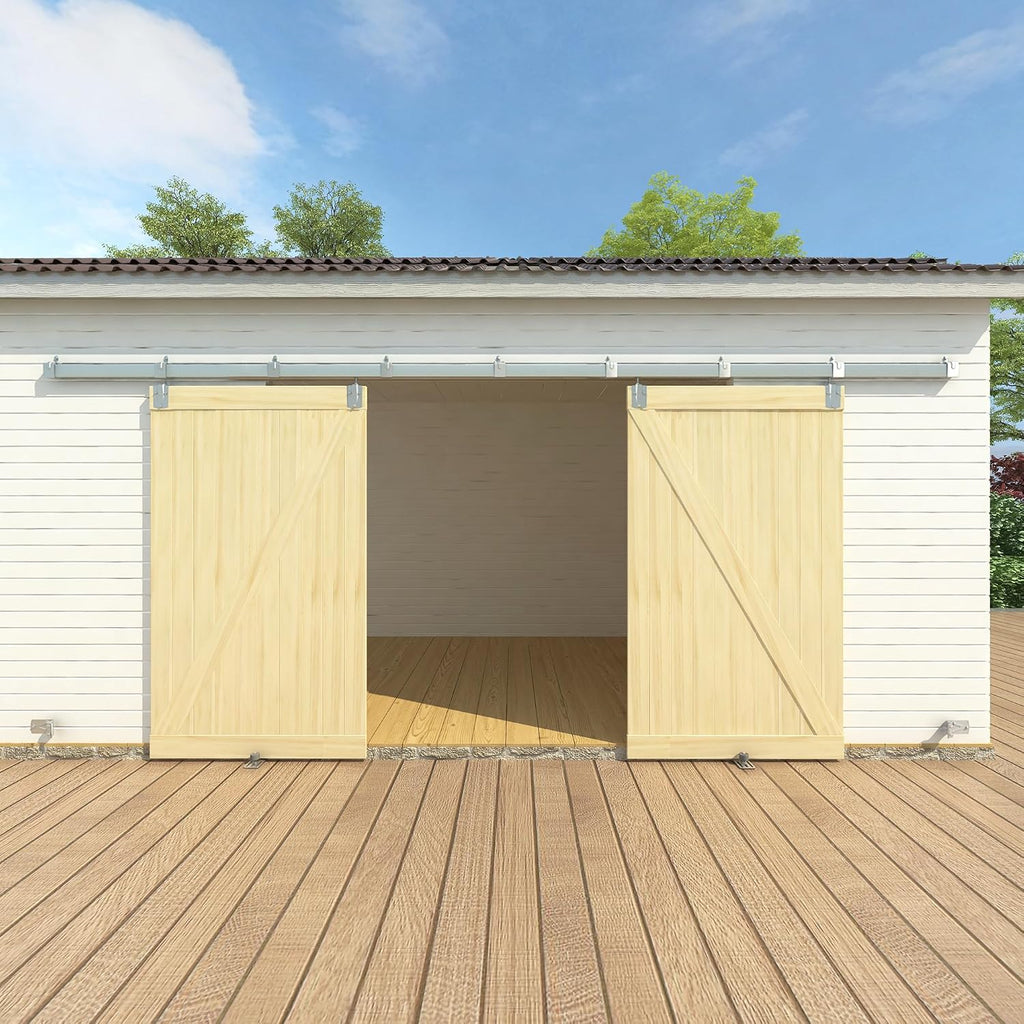 14FT Box Rail Exterior Barn Door Hardware Kit for 2 Doors, Sliding Heavy Duty Barn Door Track, Wall Mount Barn Door Hardware with 9 Track Brackets,Silver(Doors NOT Include)