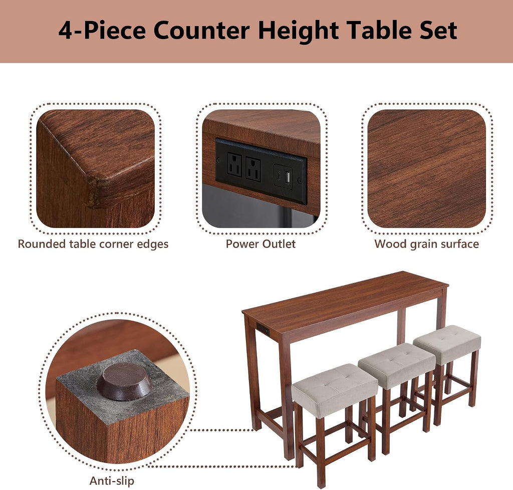 Merax 59 Inch Industrial Bar Table Set with Power Outlet & 3 Stools, Kitchen Dining Table with Charging Station, Counter Height Workstation for Small Space,Cherry