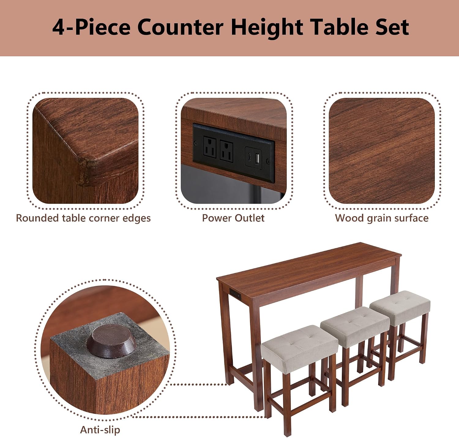 Merax 59 Inch Industrial Bar Table Set with Power Outlet & 3 Stools, Kitchen Dining Table with Charging Station, Counter Height Workstation for Small Space,Cherry