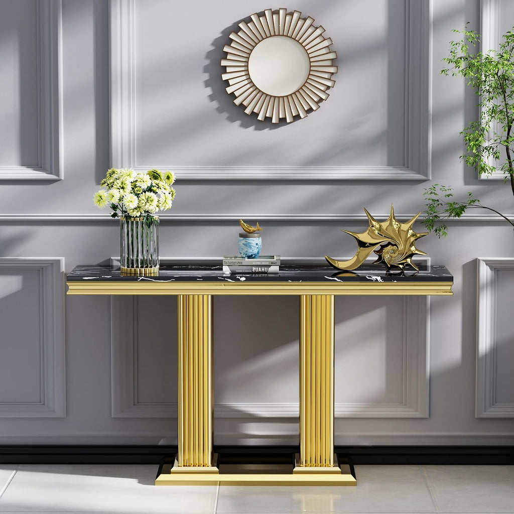 3 Pieces Living Room Table Set, Faux Marble Coffee Table Set of 3, Modern Coffee Table, Console Table and End Table with Column-Shaped Stainless Steel Base for Living Room Office Black Gold