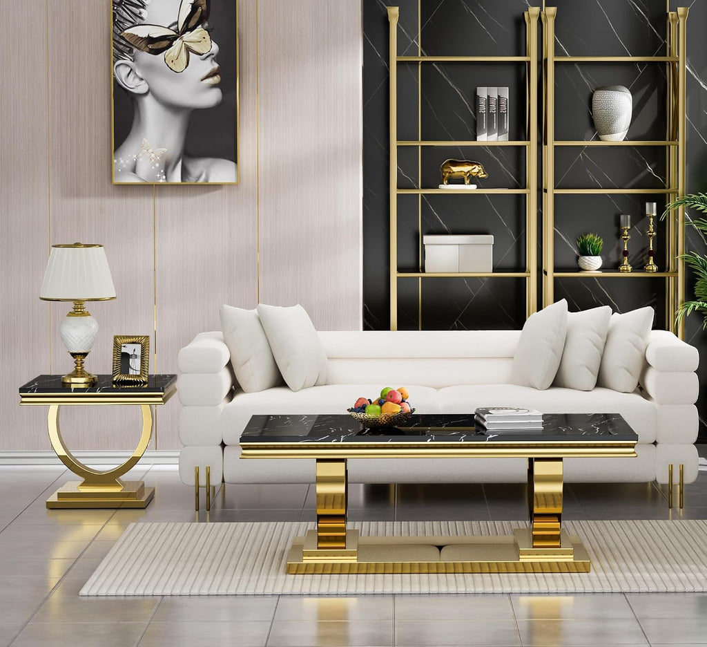 2 Piece Living Room Table Set, Modern Faux Marble Coffee & End Table Set for Living Room Apartment, Mirrored Stainless Steel Base, Imitation Marble Tabletop (Black & Gold)