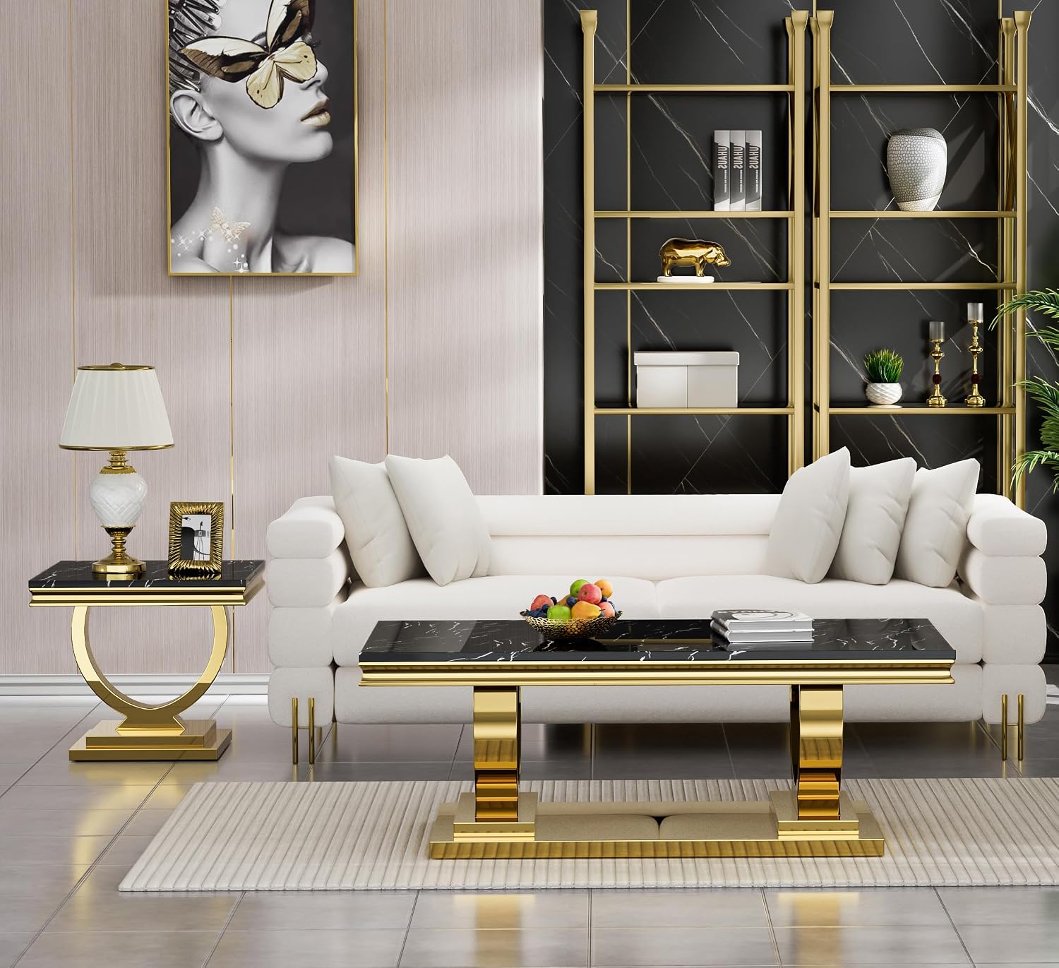 2 Piece Living Room Table Set, Modern Faux Marble Coffee & End Table Set for Living Room Apartment, Mirrored Stainless Steel Base, Imitation Marble Tabletop (Black & Gold)