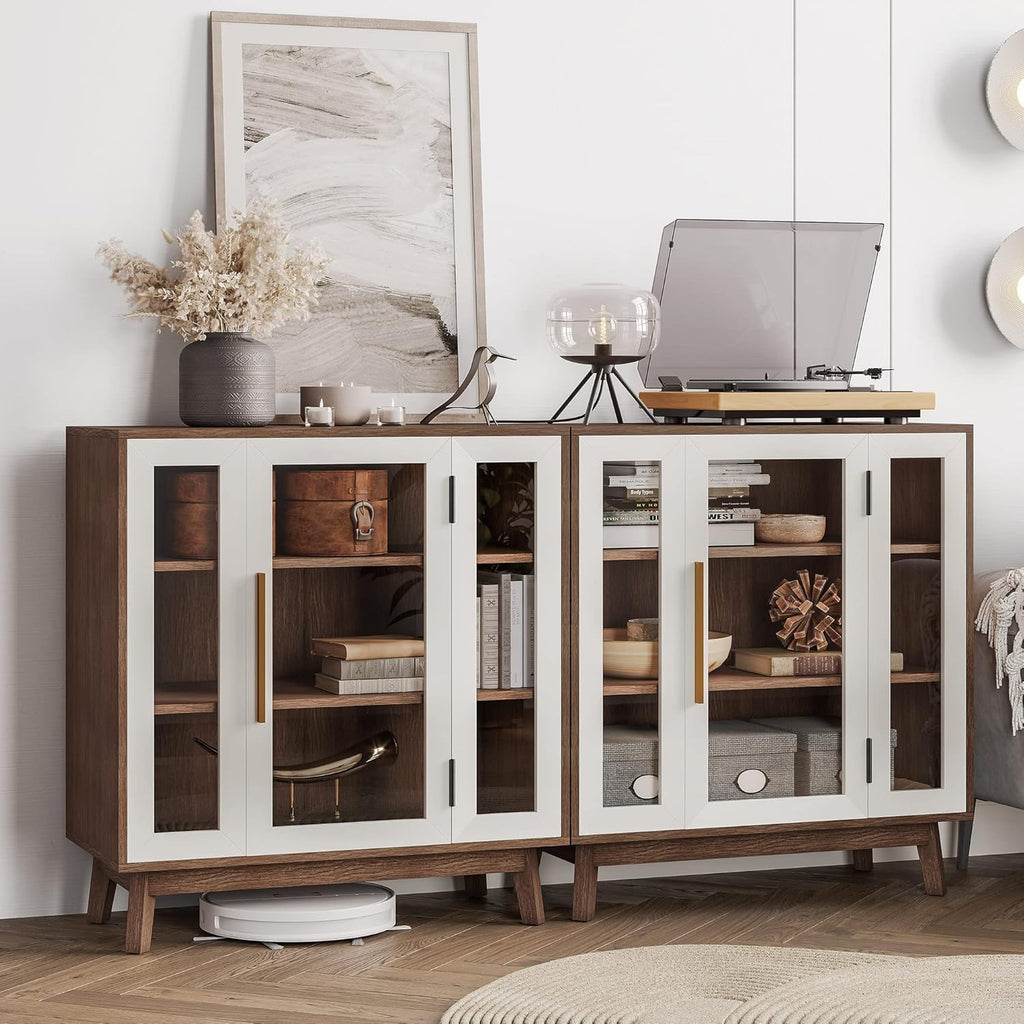BELLEZE Set of 2 Sideboard 31 Inch Buffet Cabinet with 3-Tiers Shelves and Glass Display Door, Console Table Storage/Pantry Cabinet Coffee Bar for Living Room, Entryway - White