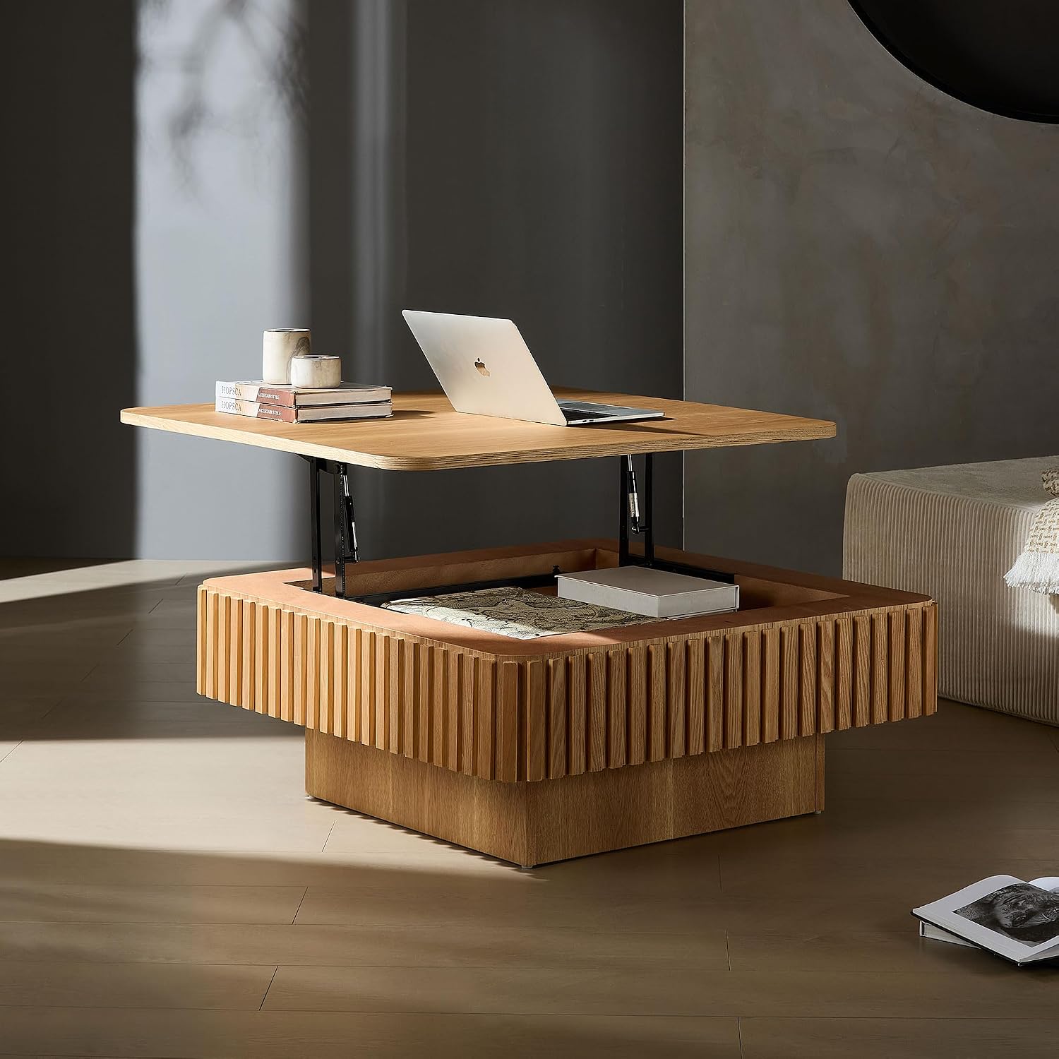WILLIAMSPACE 35.43' Lift Top Coffee Table with Hidden Storage & Sturdy Base, Modern Luxury Square Wood Handcraft Drum Center Table Accent End Tea Table for Living Room, Minimalist Fluted Design, Oak