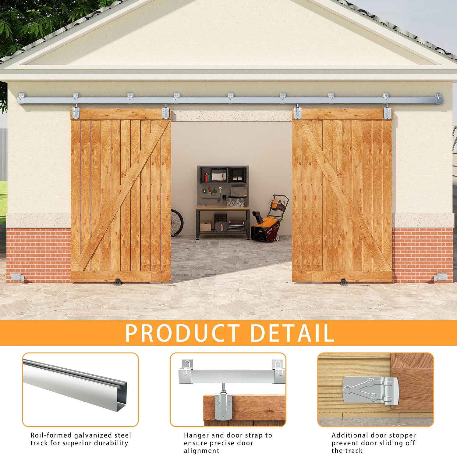 14FT Box Rail Exterior Barn Door Hardware Kit for 2 Doors, Sliding Heavy Duty Barn Door Track, Wall Mount Barn Door Hardware with 9 Track Brackets,Silver(Doors NOT Include)