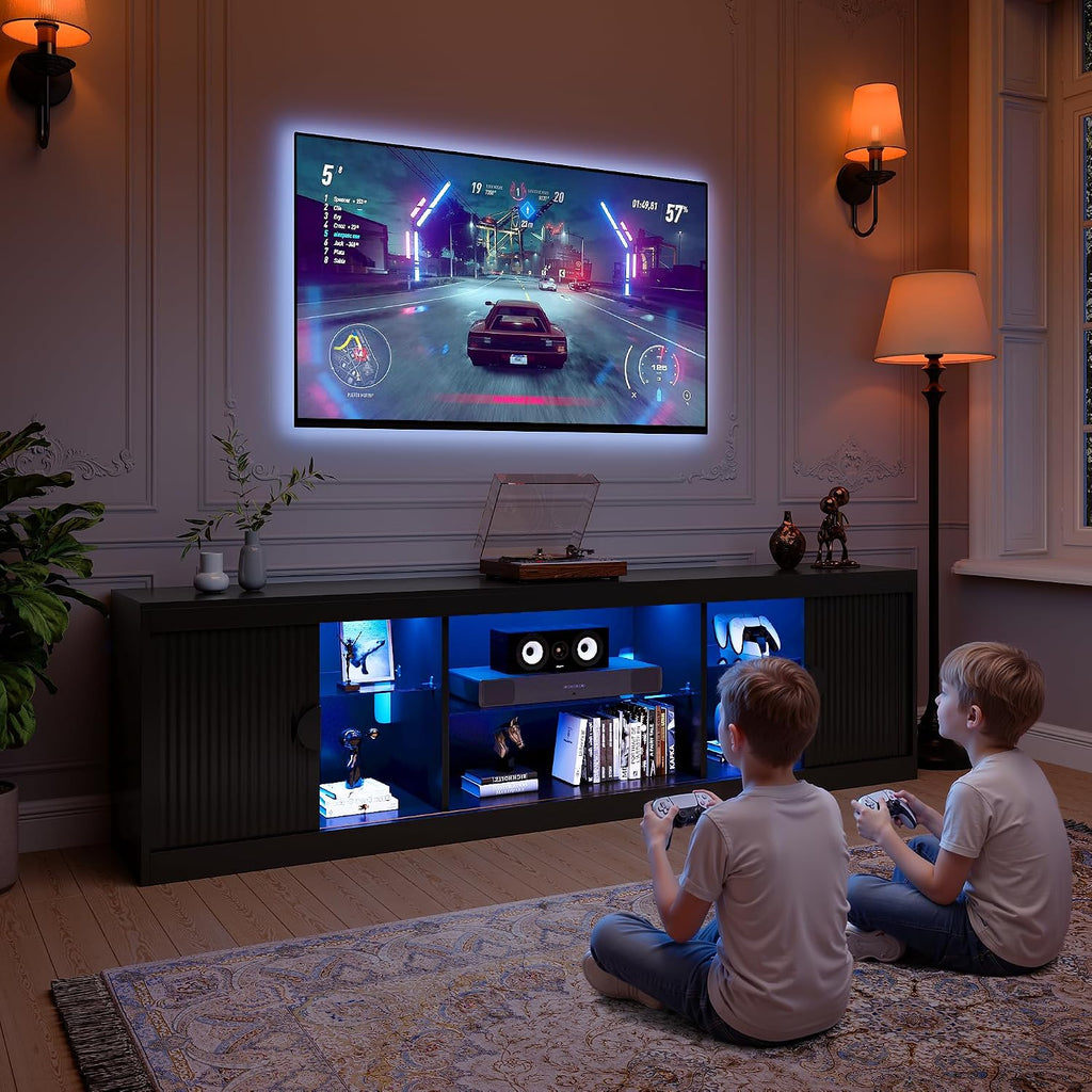 LGHM 70'' Black TV Stand with Lighting, Stylish Modern Entertainment Center with Slip Doors for TVs Up to 80', Media Console for Living Room
