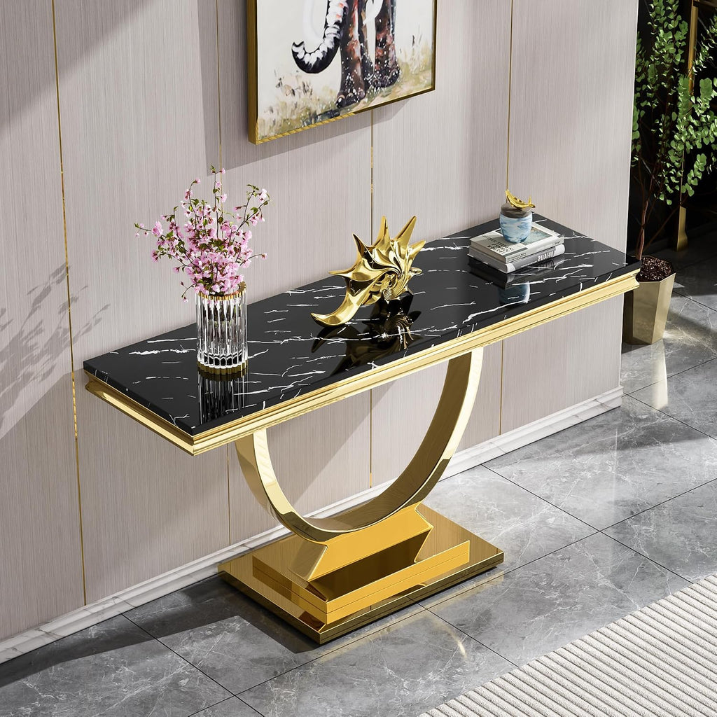 Henf 3 Piece Living Room Table Set, Faux Marble Coffee Table & Console Table & End Table, Luxury Black Gold Coffee Table Set of 3 with Mirrored Stainless Steel Base for Living Room Apartment
