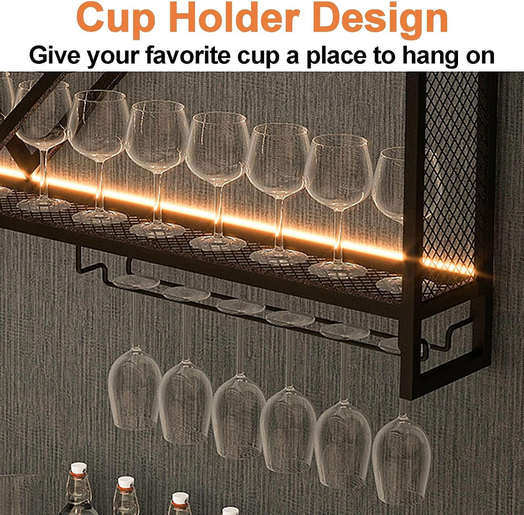 Bar Shelves Wine Rack Wall Mounted, Metal 3-Tiers Hanging Goblet Display Storage, Bottle Stand Lighting For Bars, Floating Bar Shelf Rack, For Home Dining Room Kitchen(Color:Black,Size:120x15x8