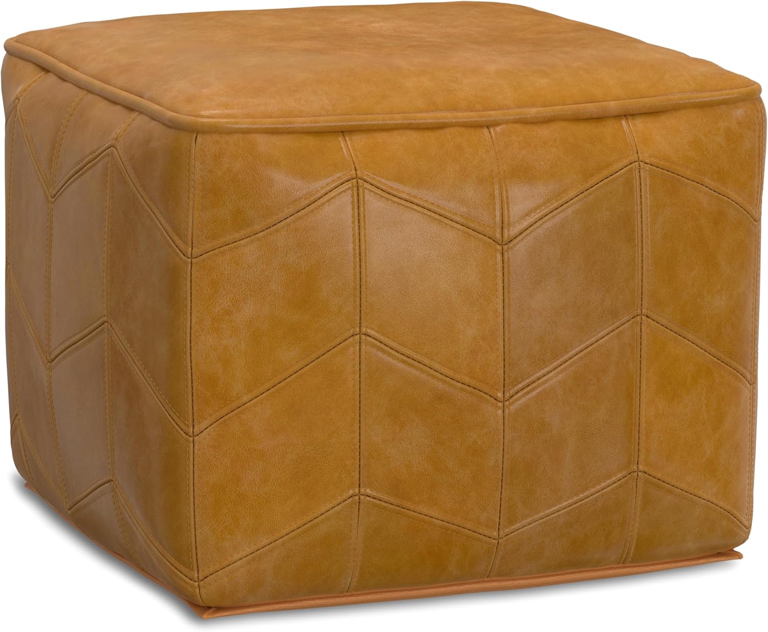 SIMPLIHOME Morden Square Pouf - 18 inch Wide Upholstered Genuine Leather Ottoman in Brown, Contemporary Footstool or Extra Seating for Living Room or Bedroom with Chevron Pattern, Assembled