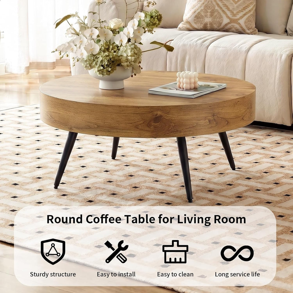 Round Coffee Table, Small Wood Coffee Table with Storage, Modern Mid Century Circle Tables Accent Center Tables for Living Room Apartment Small Space (31.5''D-Brown)