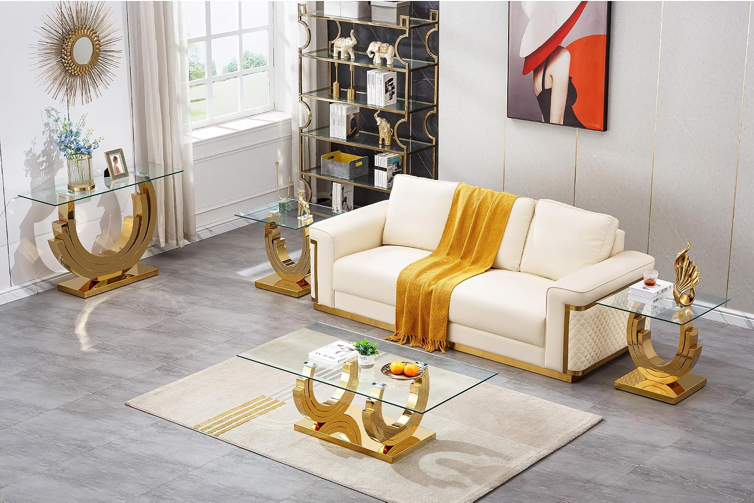 4 Pieces Living Room Table Set, Glass Coffee Table Set of 4, Modern Coffee Table, Console Table and 2 End Tables with Three U-Shaped Stainless Steel Base for Living Room (Gold)