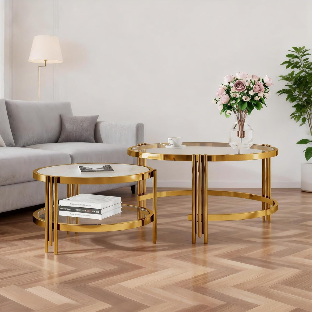 Coffee Table Set of 2 Nesting Round Glass Living Room Table Set Φ 32.75 Modern Simple 2 Tier Middle Center Metal Frame for Small Space Living Room Bedroom Office Meeting Room Gold