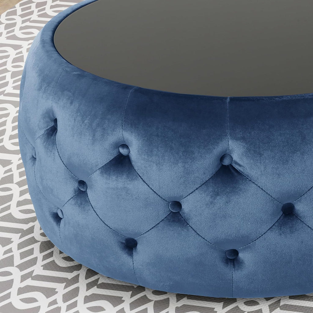 30' Round Velvet Ottoman Coffee Table, Button Tufted Coffee Table with Tempered Glass Top Modern Upholstered Tufted Velvet Cocktail Center Table for Living Room, Fully Assembled (Dark Blue)