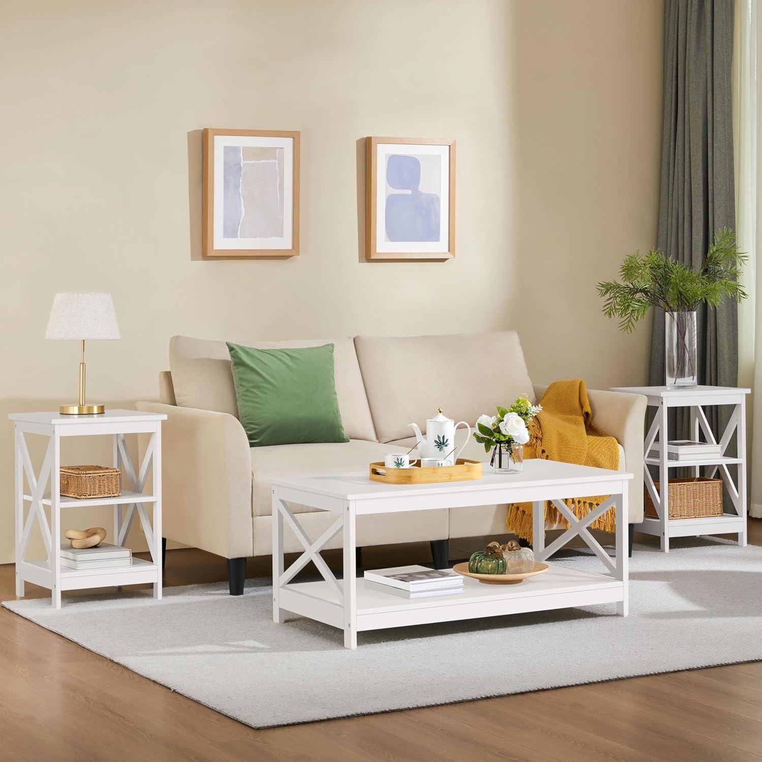 Topeakmart Modern Wood 3-Piece Table Set - Includes 1 Coffee Table w/Shelf & 2 x 3-Tier X Shape Sofa Side End Tables, Living Room Accent Furniture, White