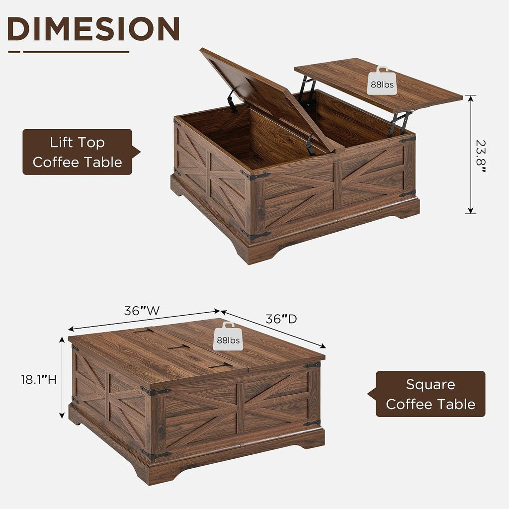 JXQTLINGMU 3-Piece Farmhouse Coffee Table and End Table Sets, Includeds 36' Lift Top Square Coffee Table w/Storage & 2 Rustic Wood End Tables w/Charging Station & Barn Doors for Living Room, Brown