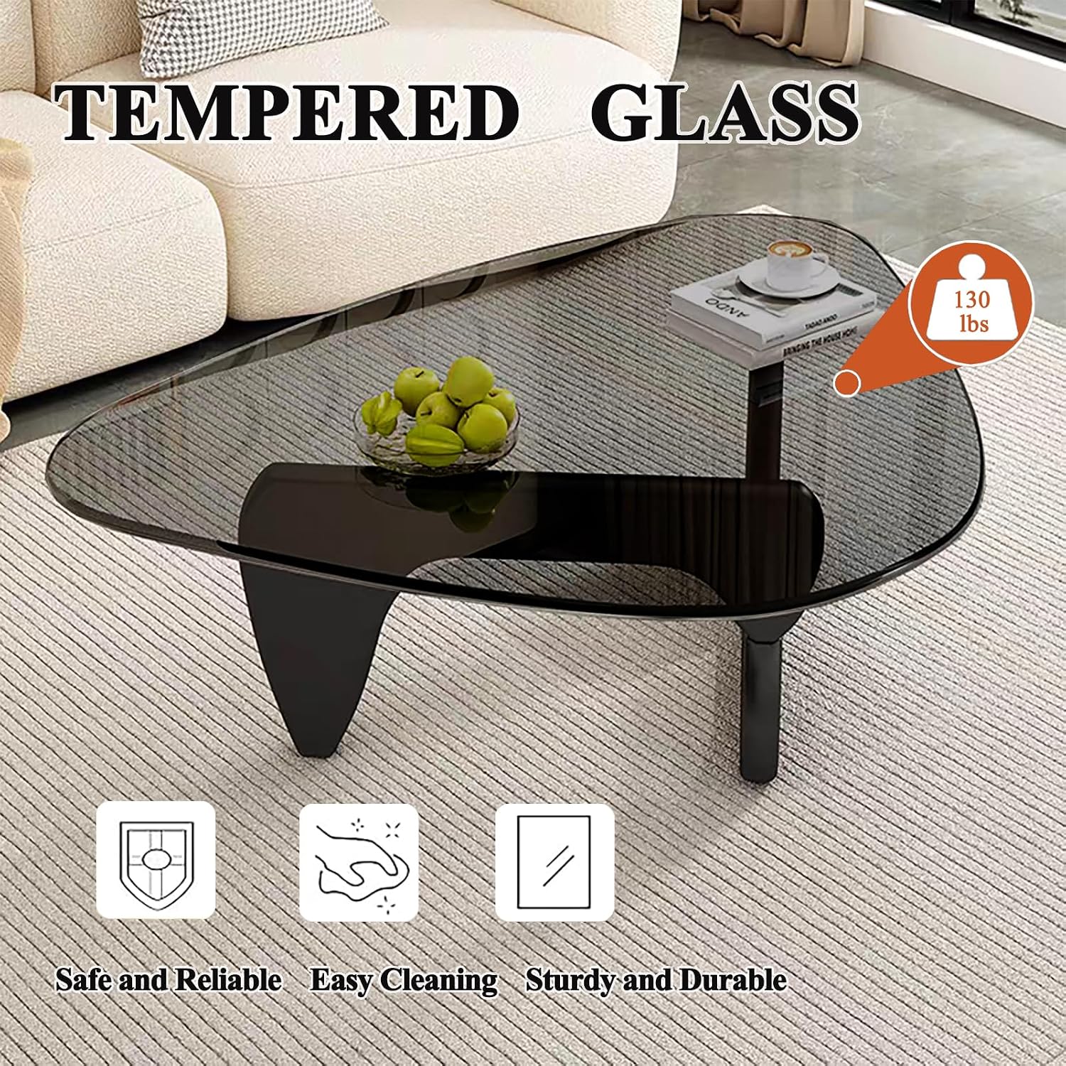 Glass Coffee Table, Mid Century Modern Coffee Table, Coffee Table for Living Room Center Table Suitable for Bedroom Living Room Reception Office Tables (Black/Grey, Large)