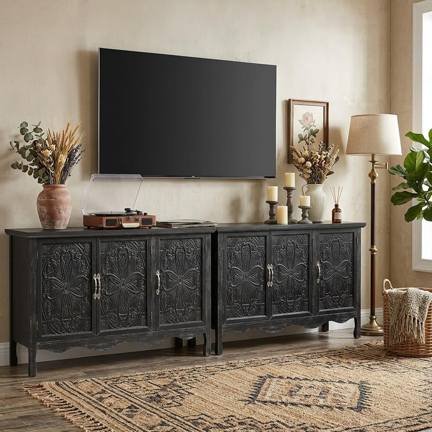 RoyalCraft Buffet Cabinet with Storage, Vintage Solid Wood Sideboard Table Coffee Bar Wine Bar Storage Cabinet with 3 Doors for Dining Room, Living Room, Hallway, Distressed Black