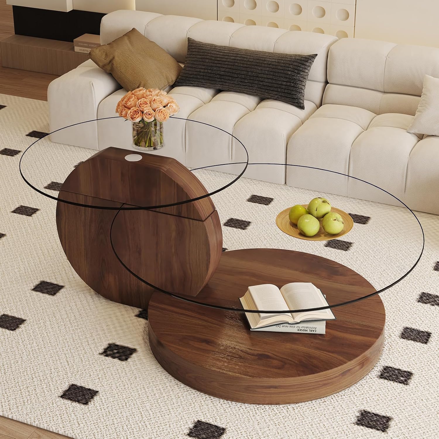 Glass Coffee Table 3 Tier Round Coffee Tables Tempered Clear Glass Top and Wood Table with Storage Modern Circle Coffee Table for Living Room(42' Dark Brown)