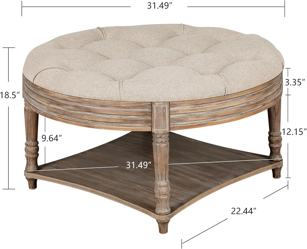 Large Round Storage Ottoman Coffee Table, 2 Tier Modern Upholstered Ottoman Footstool with Storage Shelf Tufted Linen Farmhouse Circle Coffee Table for Living Room (Khaki)