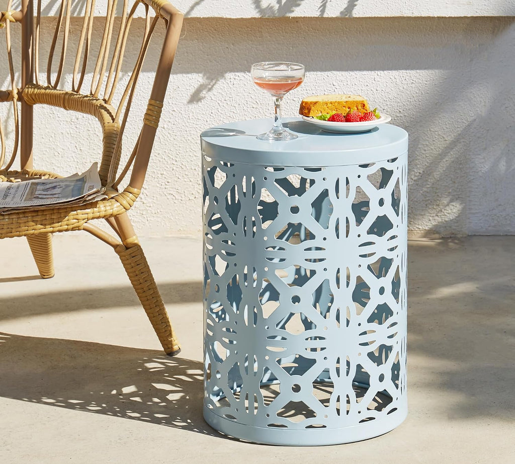 HFHOME Set of 3 Metal Outdoor Side Table, Nesting Round Coffee Table for Indoor Outdoor, Heavy Duty End Tables Plant Stand Living Room Garden Stool - Blue