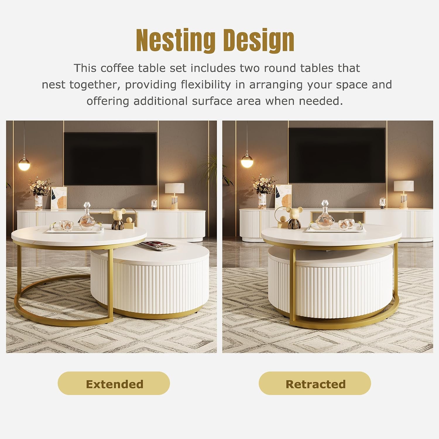 Lift-Top Nesting Coffee Table Set of 2, Modern Round Coffee Table with Drawer, Circular Wood Center Table Set for Living Room, Apartment, 31.5' White & Gold