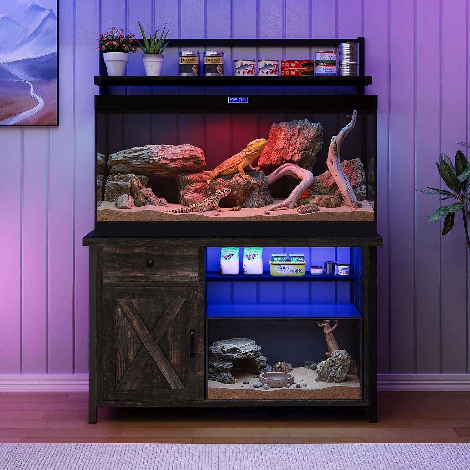 Reptile Tank Stand with Power Outlet, Terrarium Stand with Storage Cabinet, 49' X 20' Tabletop, Aquarium Stand with LED Lights, Reptile Terrarium,Turtle Tank (Oak)