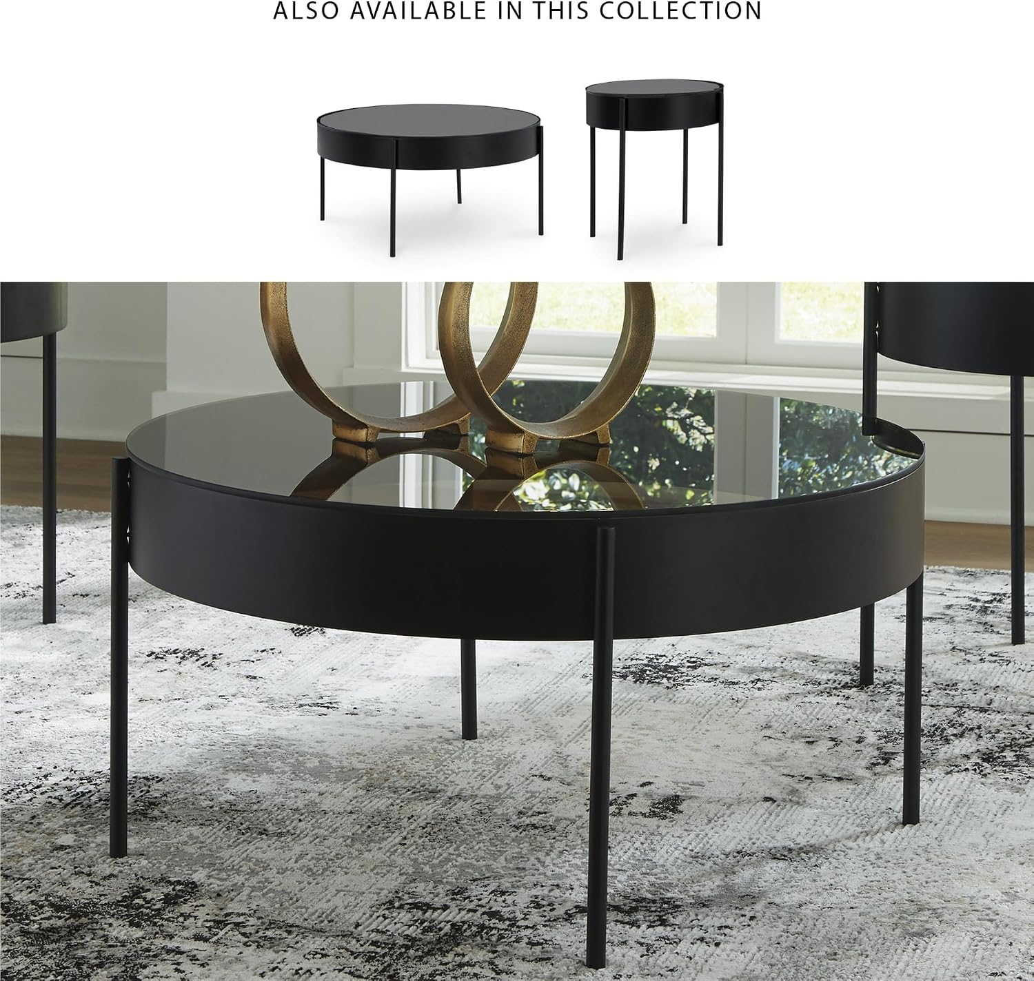 Signature Design by Ashley Ardoline Modern Tempered Glass Tabletop Table Set with 4 Legs, Set of 3, Black