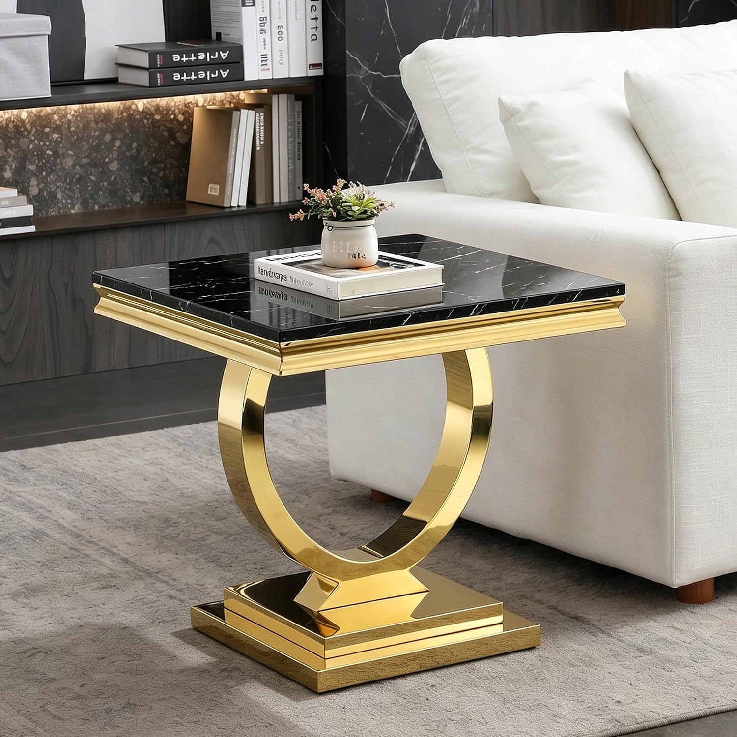 Henf 4 Piece Modern Living Room Table Set, Black & Gold Faux Marble Coffee Table & Console Table & 2 End Tables, Luxury Stainless Steel Base