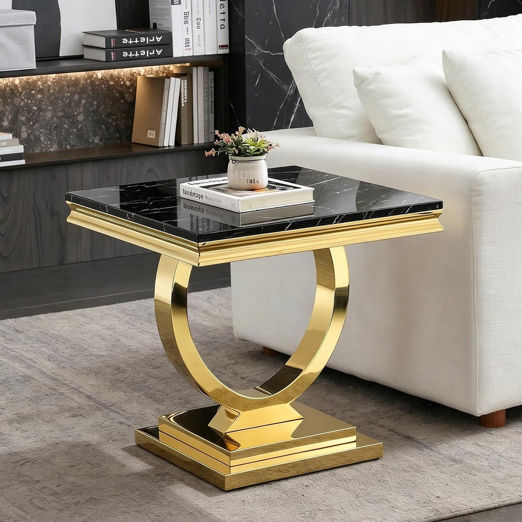 Henf 3 Piece Living Room Table Set, Faux Marble Coffee Table & Console Table & End Table, Luxury Black Gold Coffee Table Set of 3 with Mirrored Stainless Steel Base for Living Room Apartment
