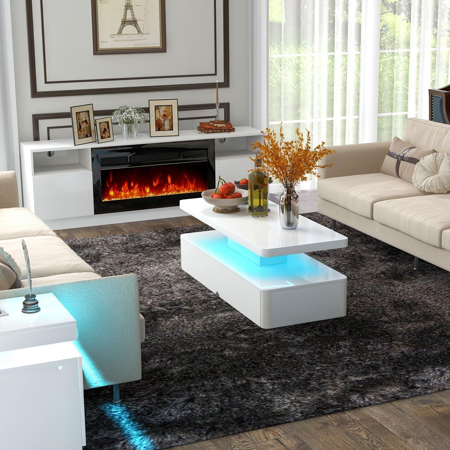 MXV 5-Piece Modern Table Set Includes 70' TV Stand with Fireplace, 40' Coffee Table, 6-Tier Bookcase and 2 End Tables with Charging Station, Living Room Table Sets in Distressed White