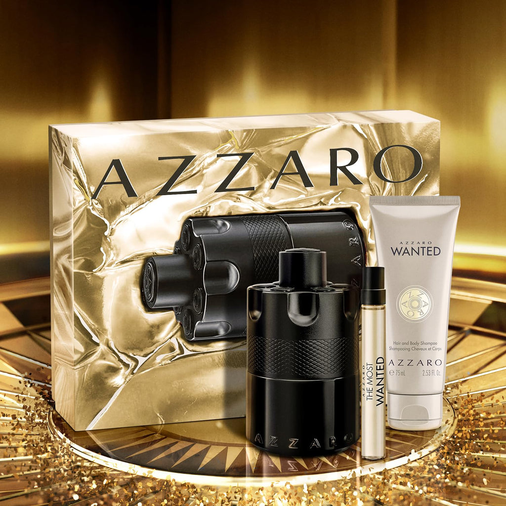 Azzaro The Most Wanted Eau de Parfum Intense 3-Piece Set ($195 Value) — Cologne for Men —Fougère Woody Fragrance, 3.4 fl oz & 0.34 fl oz Travel Size Spray, Hair & Body Wash