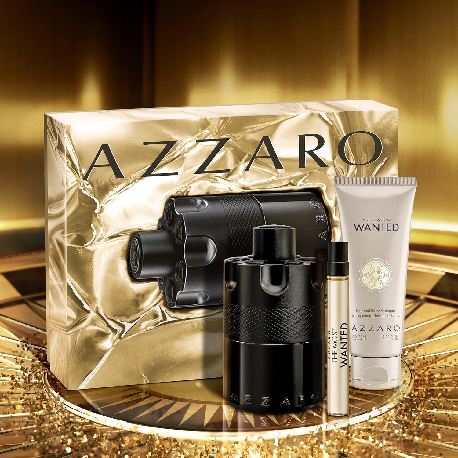 Azzaro The Most Wanted Eau de Parfum Intense 3-Piece Set ($195 Value) — Cologne for Men —Fougère Woody Fragrance, 3.4 fl oz & 0.34 fl oz Travel Size Spray, Hair & Body Wash