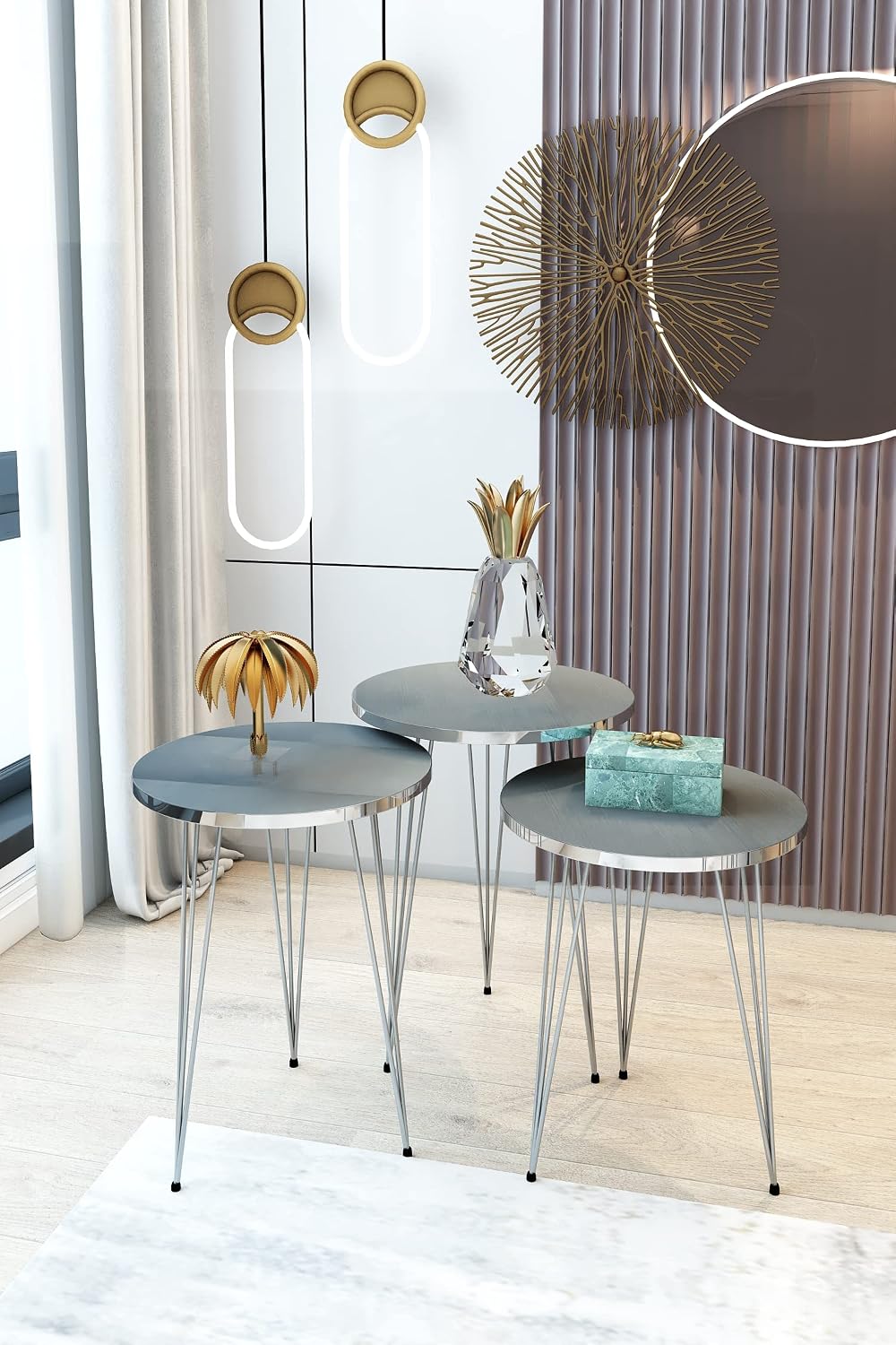 Set of 3 Nesting End Tables Round Wood Stacking Coffee Side Accent Table with Metal Legs for Living Room, Home Office, Nightstands for Bedroom