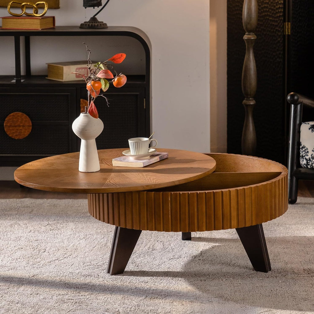 Setawix 31.5' Round Coffee Table with Storage Space, Small Side Tea End Table for Living Room, Wooden Rustic Coffee Table, Storage Entry Way Table, Natural