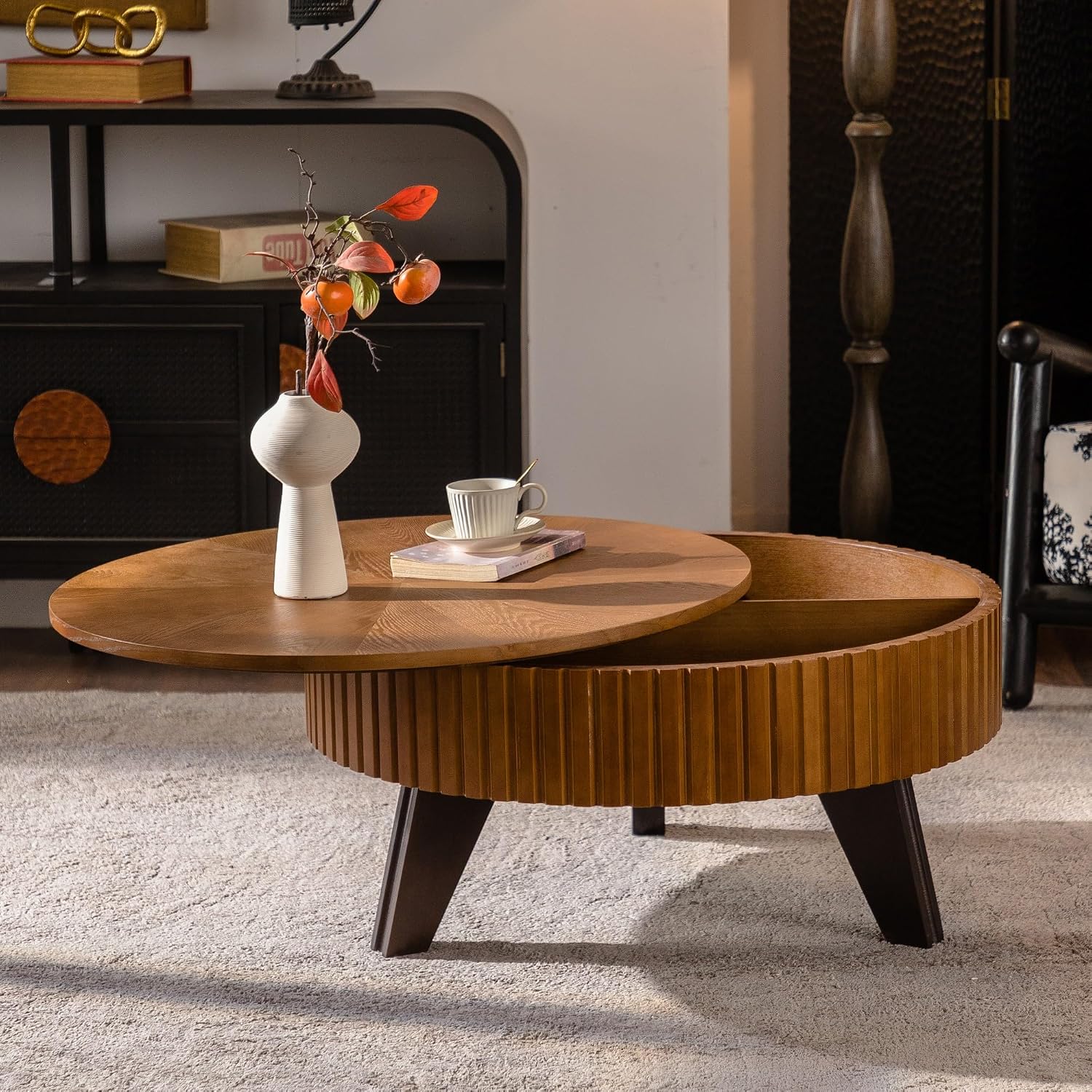 Setawix 31.5' Round Coffee Table with Storage Space, Small Side Tea End Table for Living Room, Wooden Rustic Coffee Table, Storage Entry Way Table, Natural