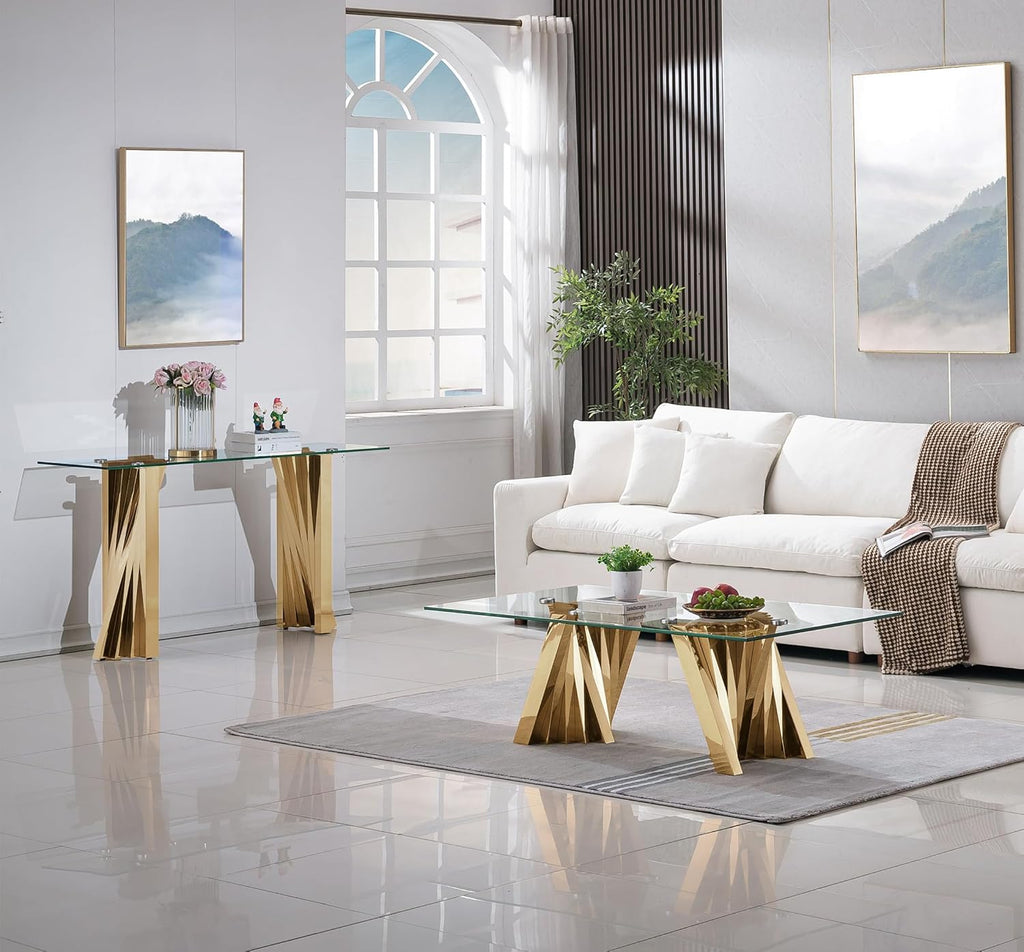 2 Pieces Modern Living Room Table Set, Glass Coffee Table & Console Table with Flash-Shaped Stainless Steel Base (Gold)
