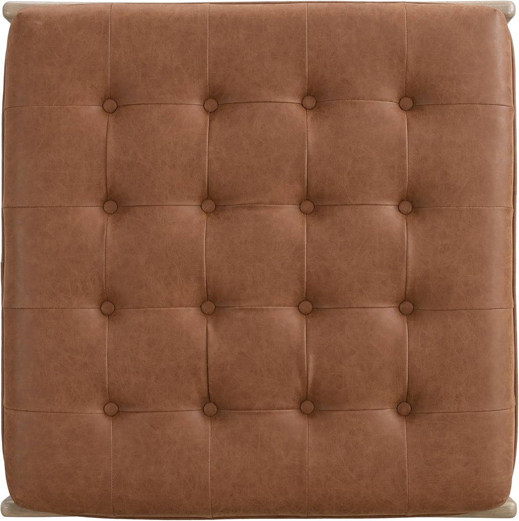 Merax 34'' Tufted Upholstered Cocktail Ottoman, Square Leather Ottoman Coffee Table, PU Leather Ottoman for Living Room, Bedroom, Office,Reddish Brown