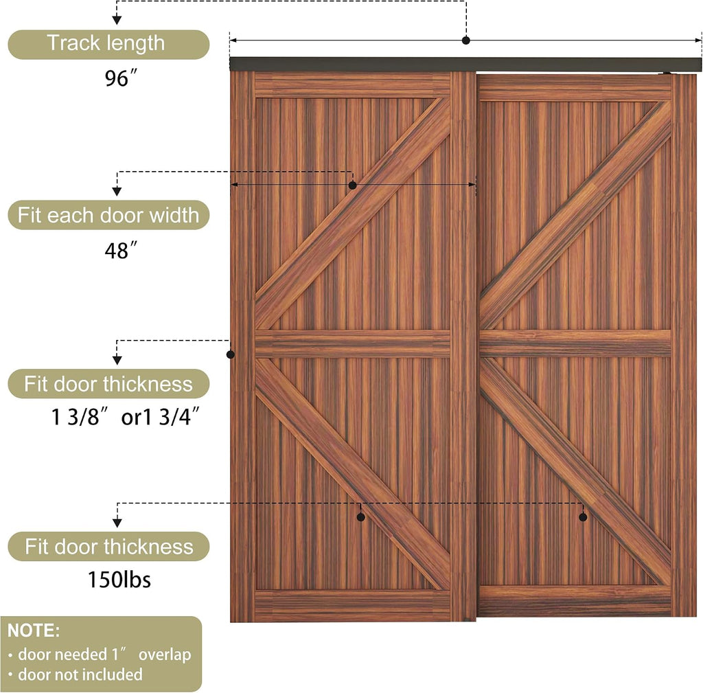 Heavy Duty Double Bypass Sliding Closet Door Track Kit Hardware 96'/8FT Aluminium Alloy Track Rail Set,for 2 Door System,Smoothly and Quietly,Black