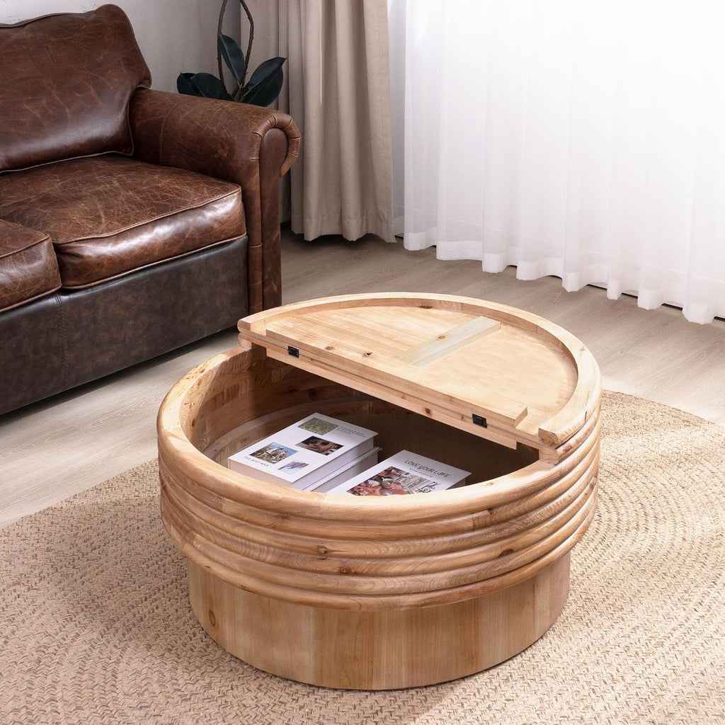 30.3'' Round Circle Coffee Table with Hidden Storage Space for Living Room, Modern Farmhouse Countryside Wood Coffee Table, Easy Assembly, Natural