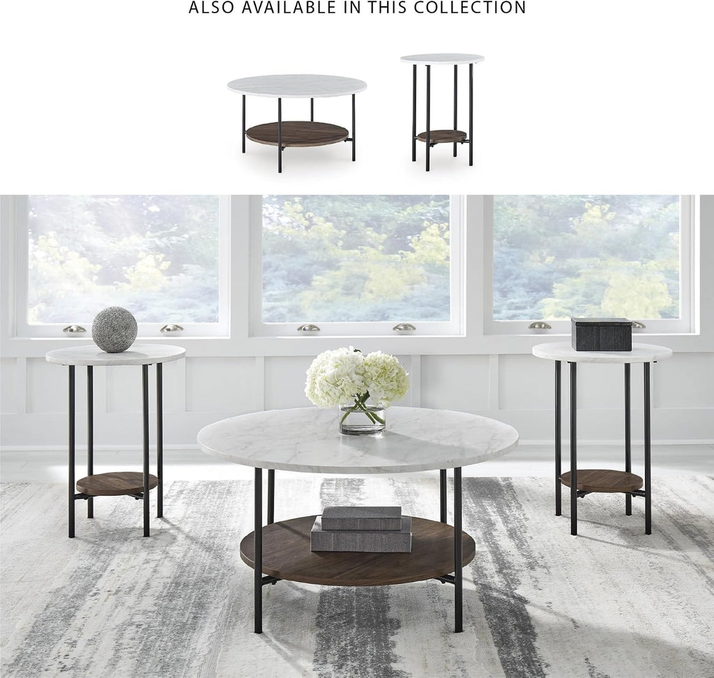 Signature Design by Ashley Wrenwich Contemporary Faux Marble Table with Shelf, Set of 3, Dark Brown & White