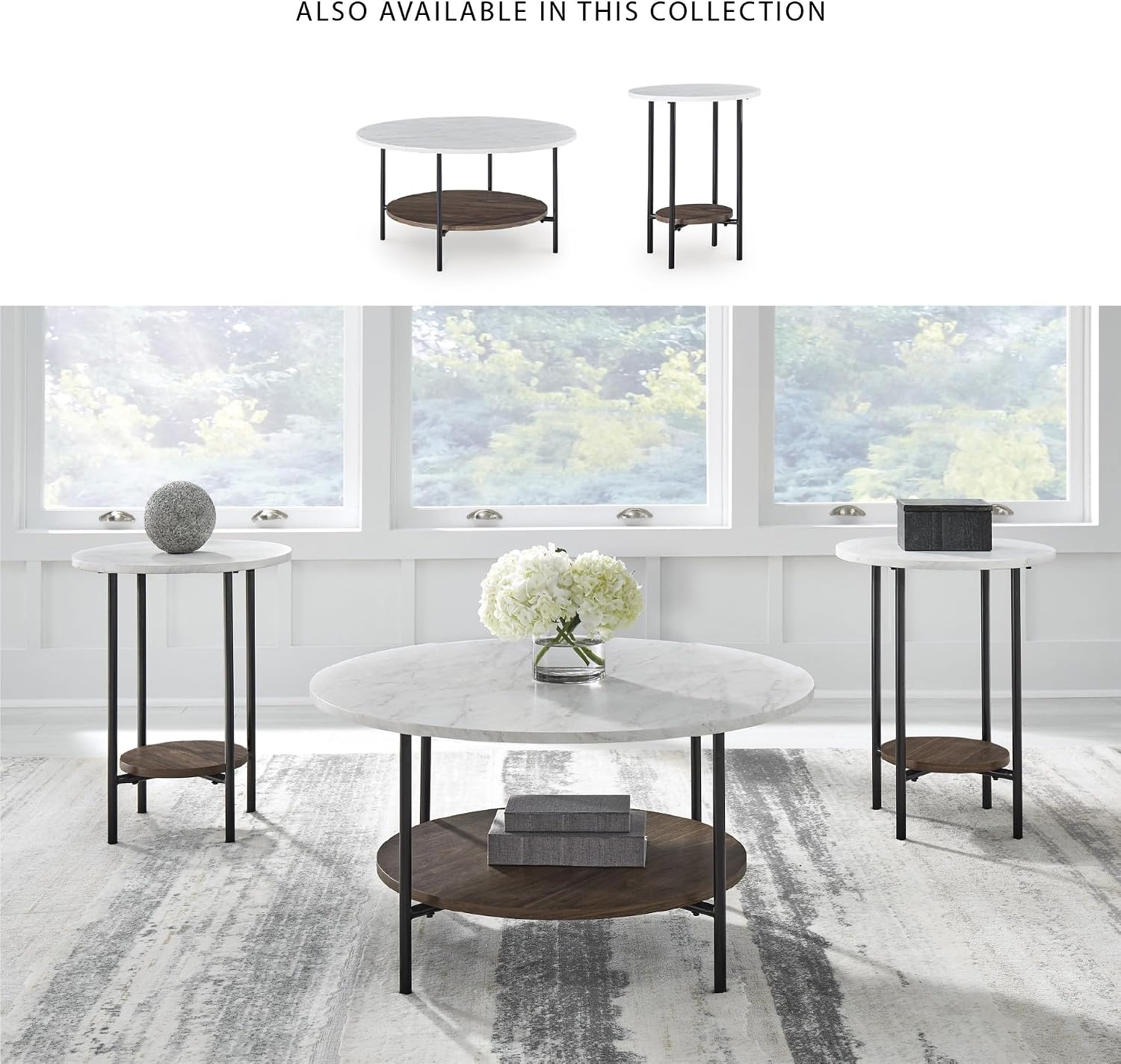 Signature Design by Ashley Wrenwich Contemporary Faux Marble Table with Shelf, Set of 3, Dark Brown & White