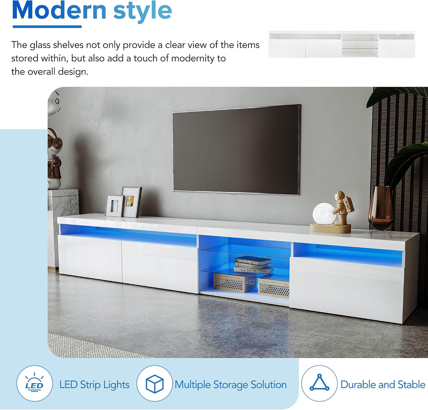Ball & Cast Modern TV Stand for TVs up to 105 inch, 95' Entertainment Center with LED Lights and 2 Open Glass Shelves, Media Console w/Storage Cabinets for Living Room, Bedroom, White