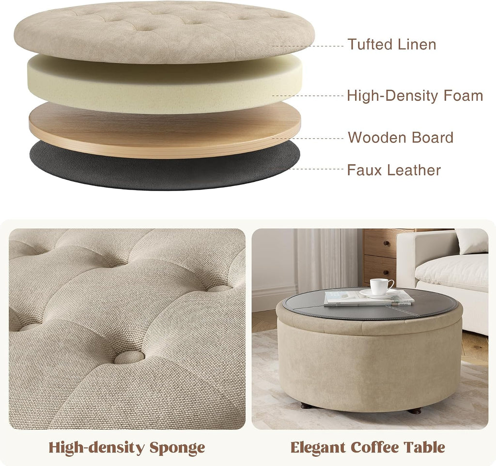 30 Inch Round Storage Ottoman,Modern Tufted Ottomans,Circular Coffee Table with Removable Top,Upholstered Large Ottoman with Storage Footrest Stool for Bedroom Living Room (Lightbrown)