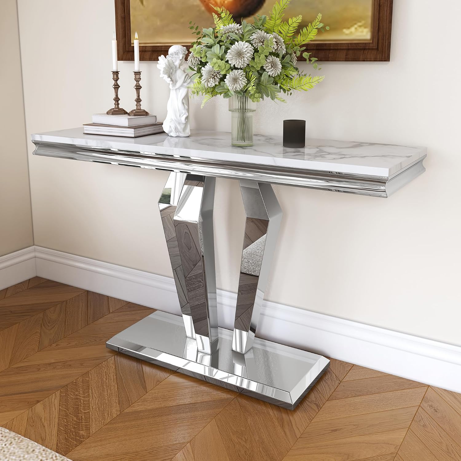 47 inch Gold Console Table, Modern Entryway Table with Diamond-Shaped Metal Base for Entrance, Hallway, Living Room (White Faux Marble & Silver)
