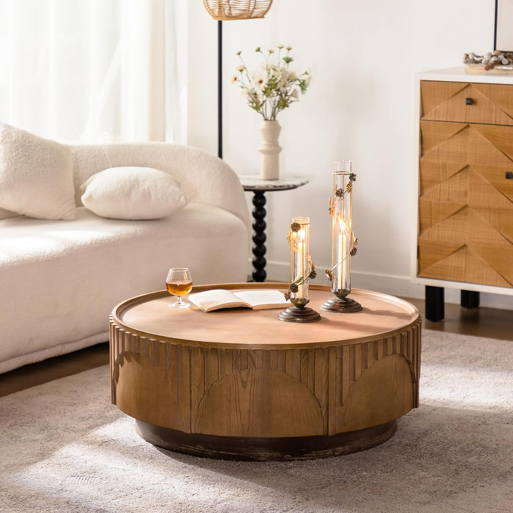 36.22'' Round Drum Coffee Table for Living Room, Modern Mid-Century Circle Wood Coffee Table with Sturdy Pedestal, Easy Assembly, Natural