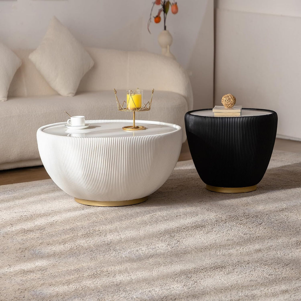 Round Coffee Table Set of 2, Sintered Stone White Coffee Table with Black End Table, Nesting Tables for Living Room, Accent Side Table for Apartment Home Office, No Need Assembly