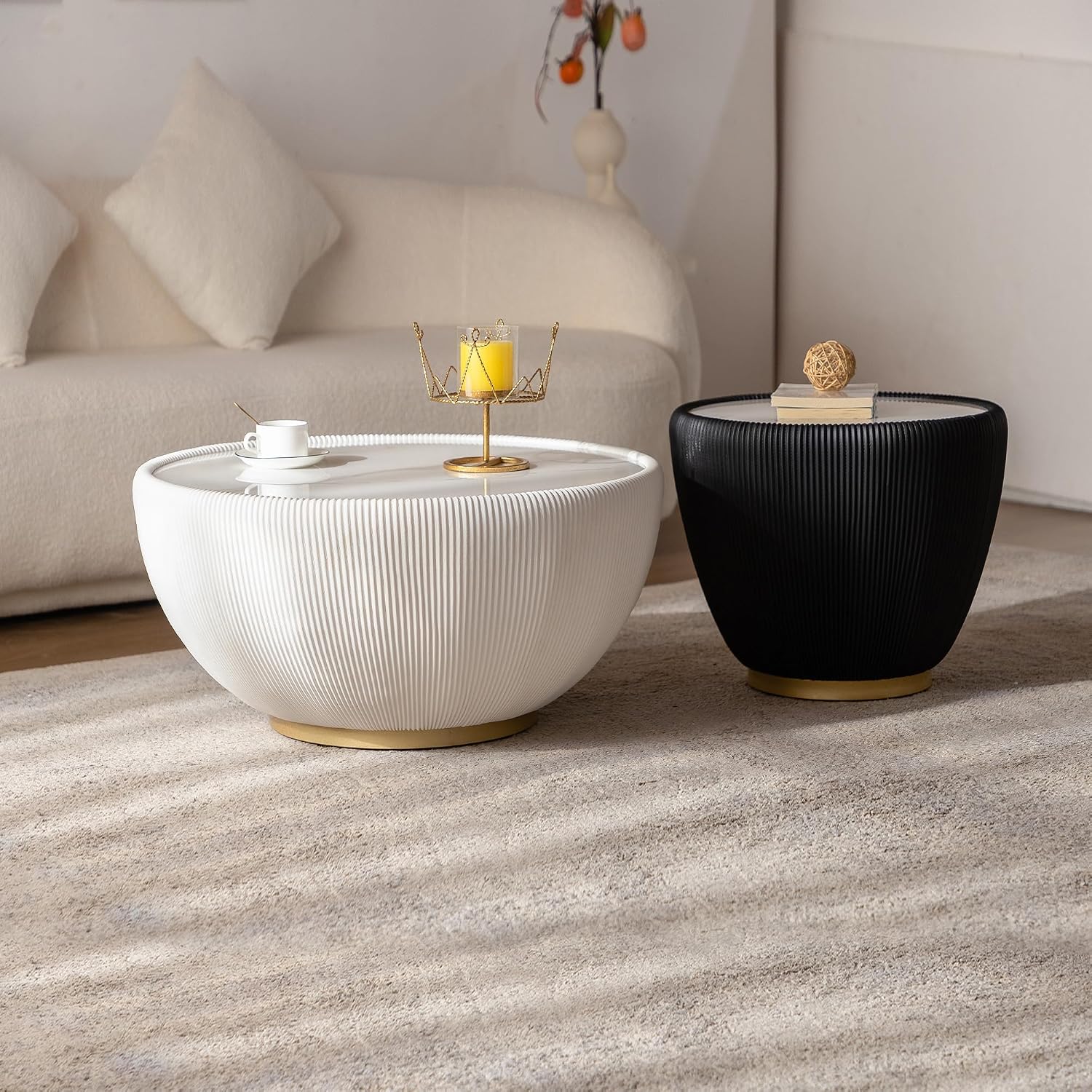 Round Coffee Table Set of 2, Sintered Stone White Coffee Table with Black End Table, Nesting Tables for Living Room, Accent Side Table for Apartment Home Office, No Need Assembly