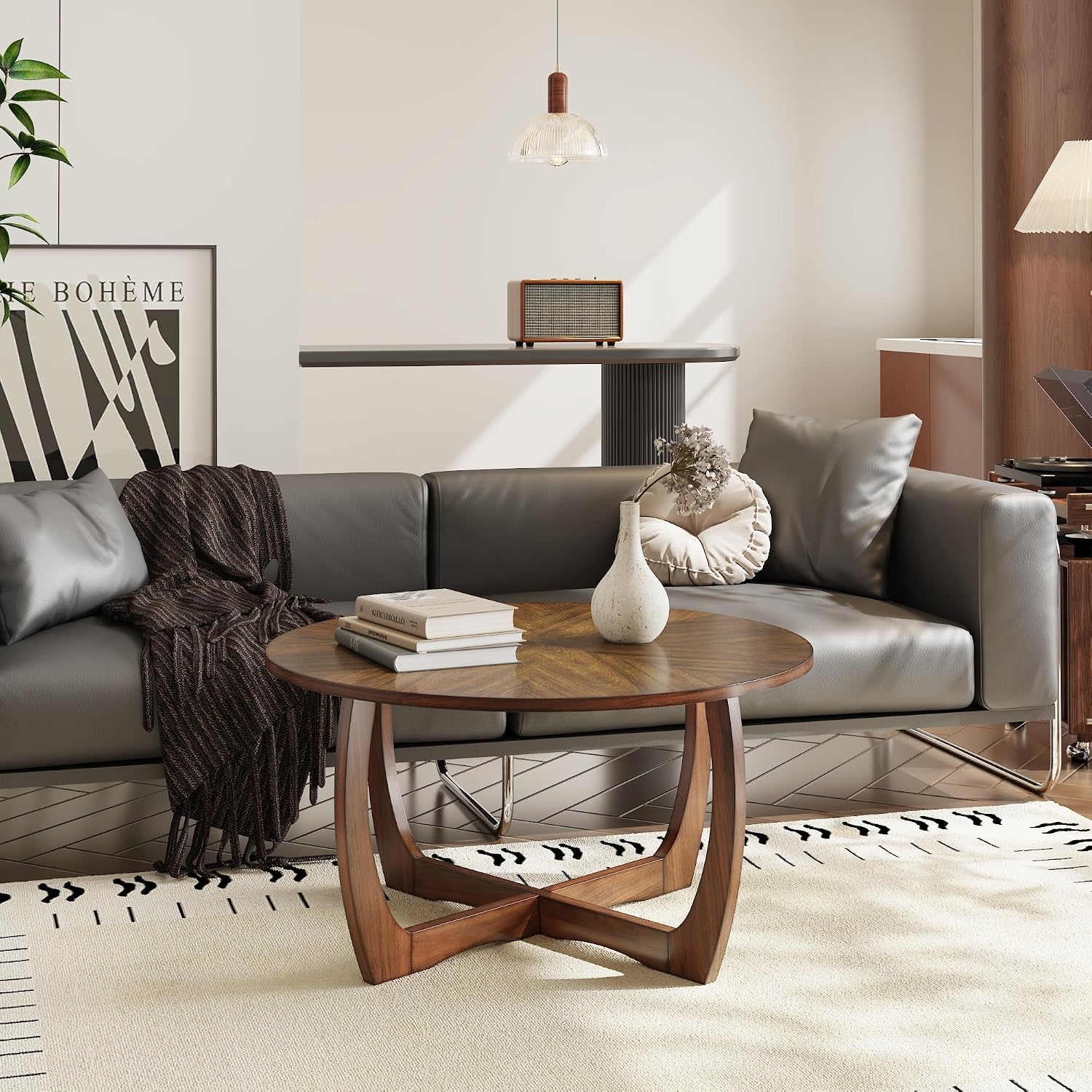 3-Piece Living Room Table Set, Farmhouse Solid Wood Table Set, Included Round Coffee Table and 2 End Tables with Criss-Cross Legs for Apartment Home Office, Accent Furniture, Brown Tea